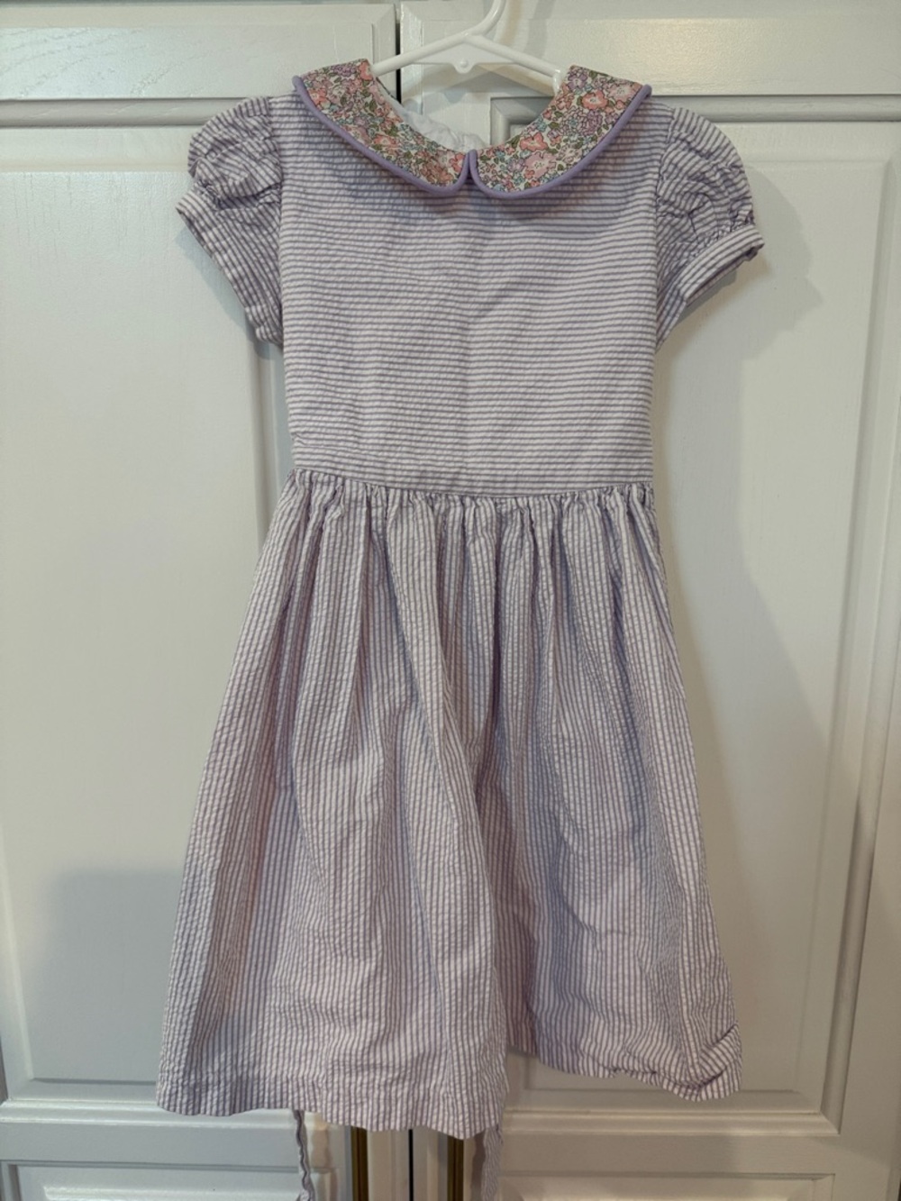 Girls Lavender Striped Dress with Floral Peter Pan Collar - Kids Casual